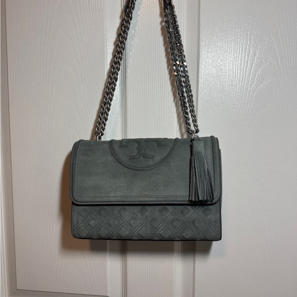 Tory Burch Blue Clay Suede Large Convertible Fleming Shoulder Bag with Tassel - Picture 1 of 9
